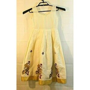 Girls Sleeveless Linen Dress Vtg Gold Trim Lined  Embroidered Peacocks Sz 8/10